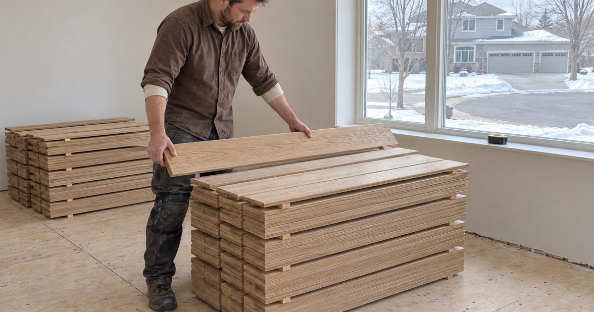 Worker restacking white oak bundles with spacer battens between the layers so the wood acclimates in a Lakeville house before any of it goes down.