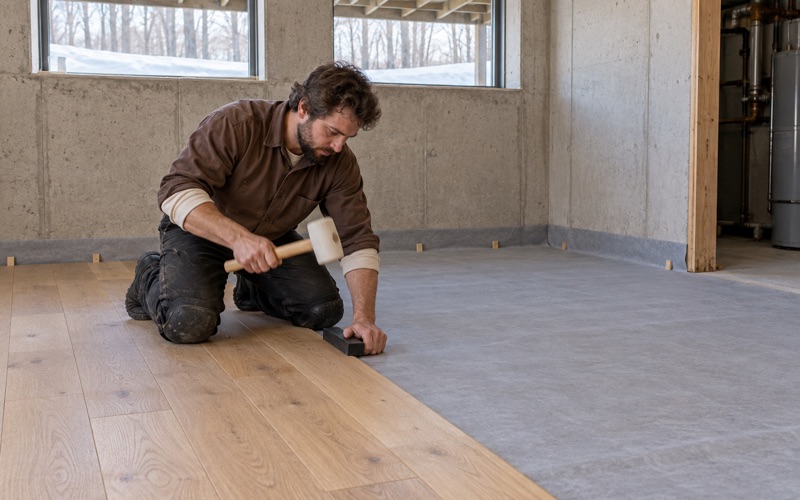 Worker striking a tapping block against the edge of an engineered white oak plank going down over underlayment on a Lakeville lower-level slab.
