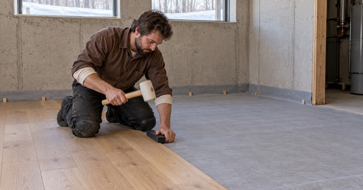 Worker striking a tapping block against the edge of an engineered white oak plank going down over underlayment on a Lakeville lower-level slab.