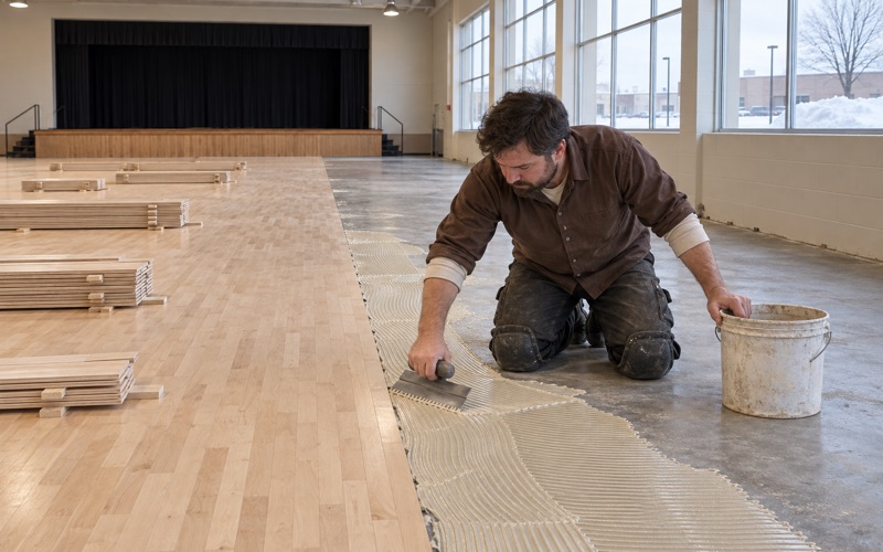 Worker spreading adhesive with a notched trowel for hard maple strip flooring in a Lakeville event hall at grade.