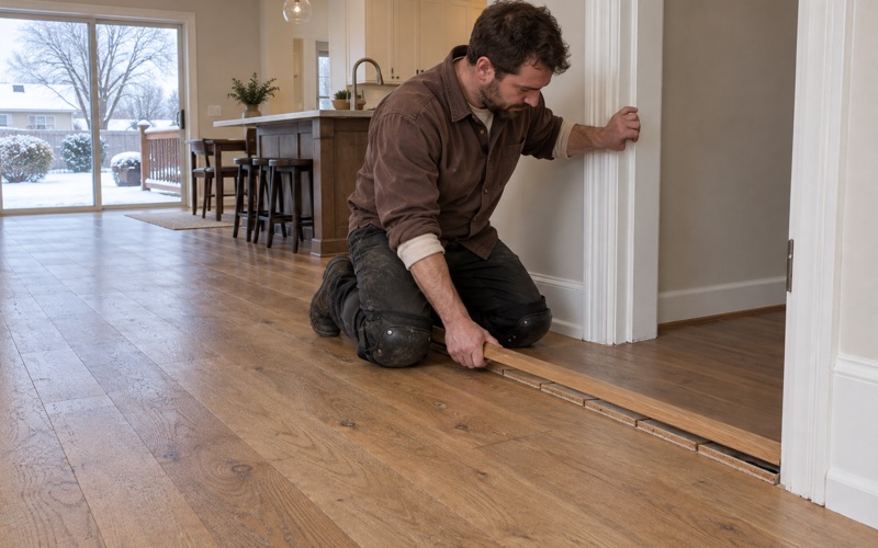 Worker taking a reducer off a Lakeville doorway so the wear layer above the tongue of an engineered white oak plank can be read before sanding.