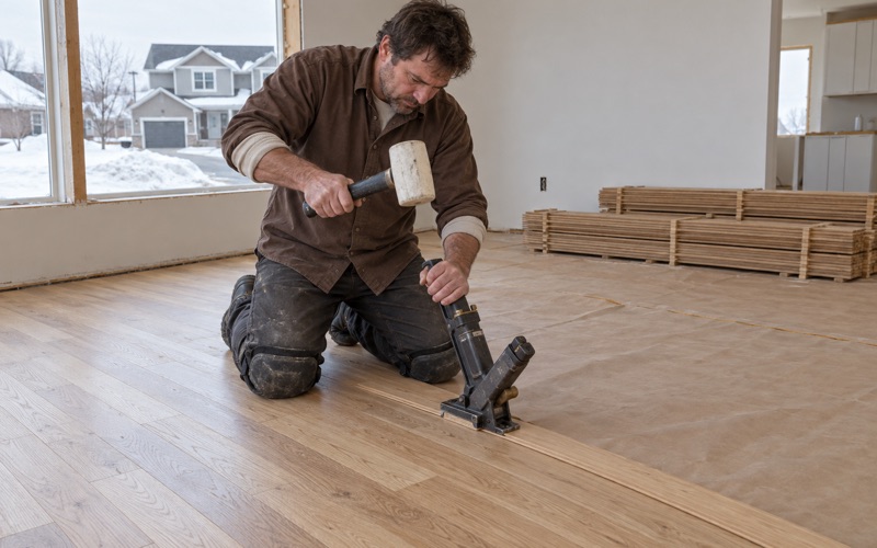 Worker striking a flooring nailer seated on the tongue edge of a solid white oak board during an installation in a Lakeville house.