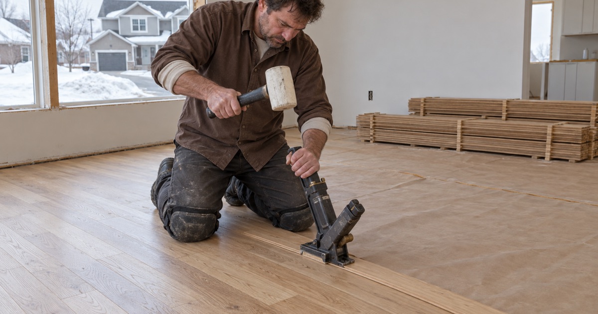 Worker striking a flooring nailer seated on the tongue edge of a solid white oak board during an installation in a Lakeville house.