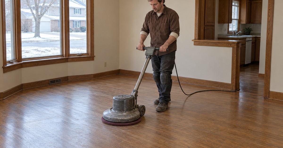 Worker running a rotary buffer with a maroon abrasive pad over an intact but dulled white oak floor in a Lakeville house before a fresh coat goes on.