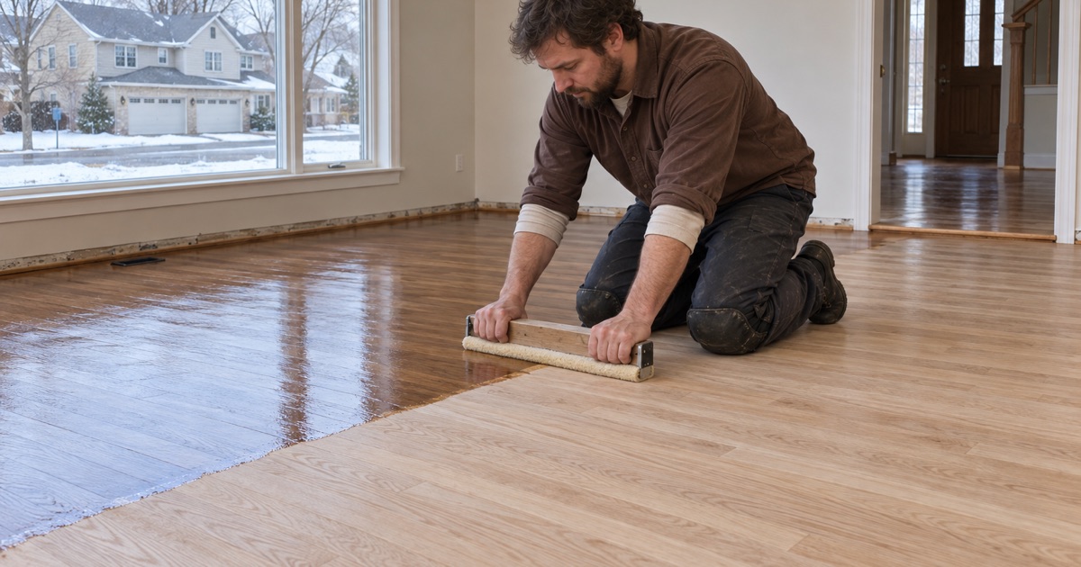 Worker walking backwards pulling a coat of finish across freshly sanded white oak in a Lakeville house, raw wood ahead and wet finish behind.