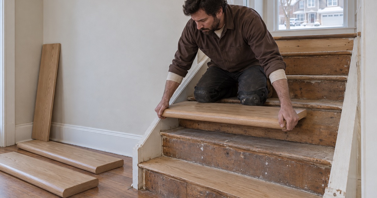 Worker seating a white oak retro tread with a bullnose front edge onto an open stringer in a Lakeville stair, the landing floor running to the top nosing.