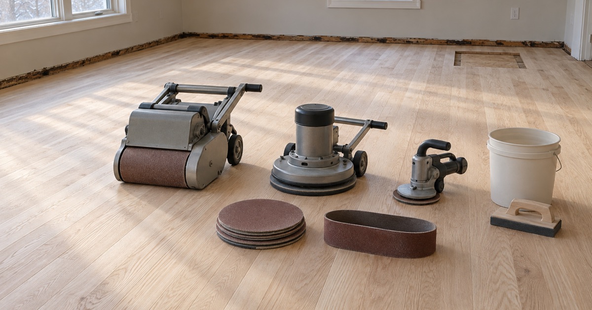 The three machines and the abrasive sequence a real Lakeville sanding quote names, staged on a bare white oak floor in an emptied room.