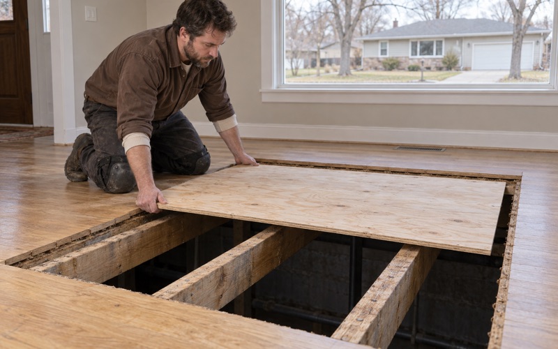 Worker setting a new plywood panel down between exposed joists in a Lakeville house where the finish floor has been cut back to sound boards.