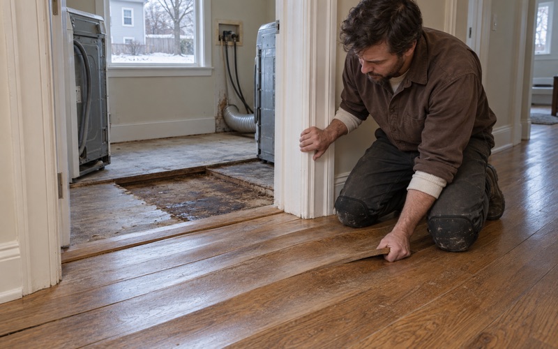 Worker taking hold of the raised edge of a cupped white oak board beside a Lakeville laundry, the cupping plainly visible across the courses.