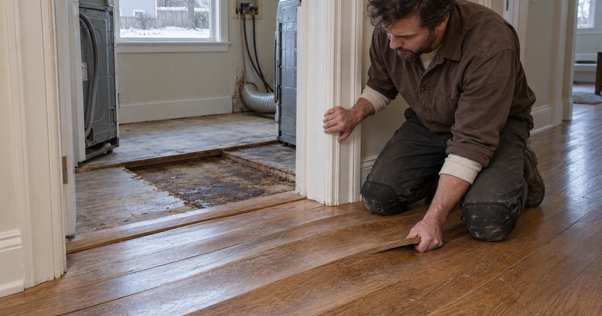 Worker taking hold of the raised edge of a cupped white oak board beside a Lakeville laundry, the cupping plainly visible across the courses.