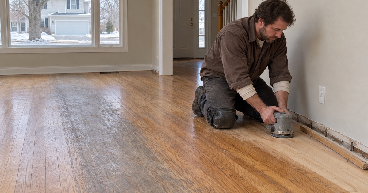 Worker taking an edger along the base of a wall in a 1990s Lakeville house where the finish in the traffic lane has worn through to bare oak.
